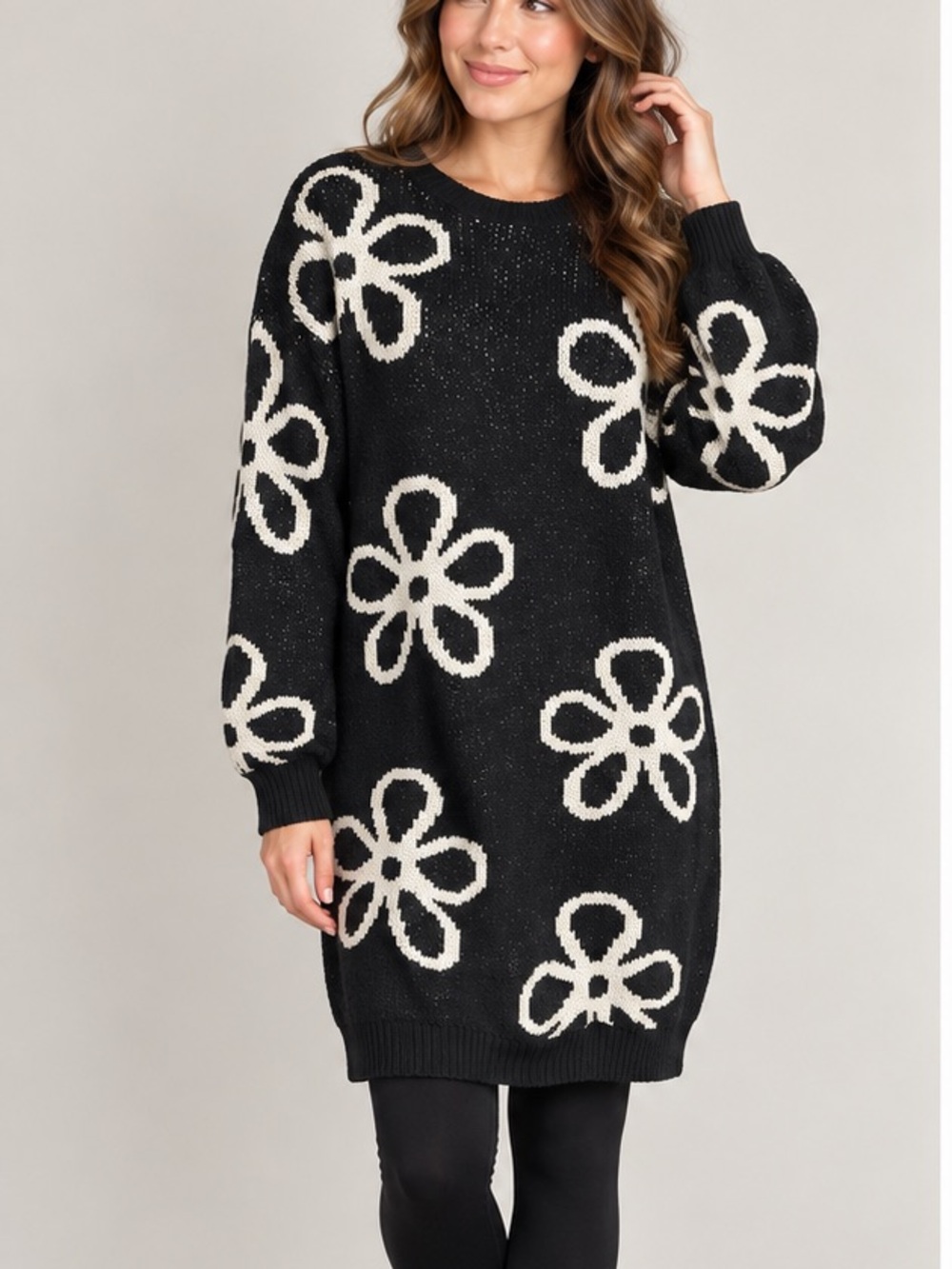 Derek Heart L Black/white Floral Knit Sweater Dress Tunic Y2K